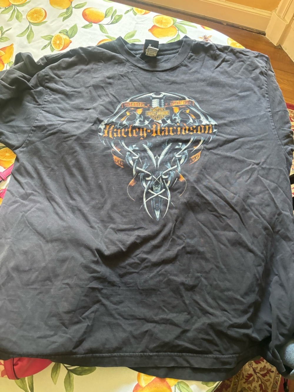 Harley-Davidson Black Short Sleeve Tee with Orange and Silver Tribal Graphic